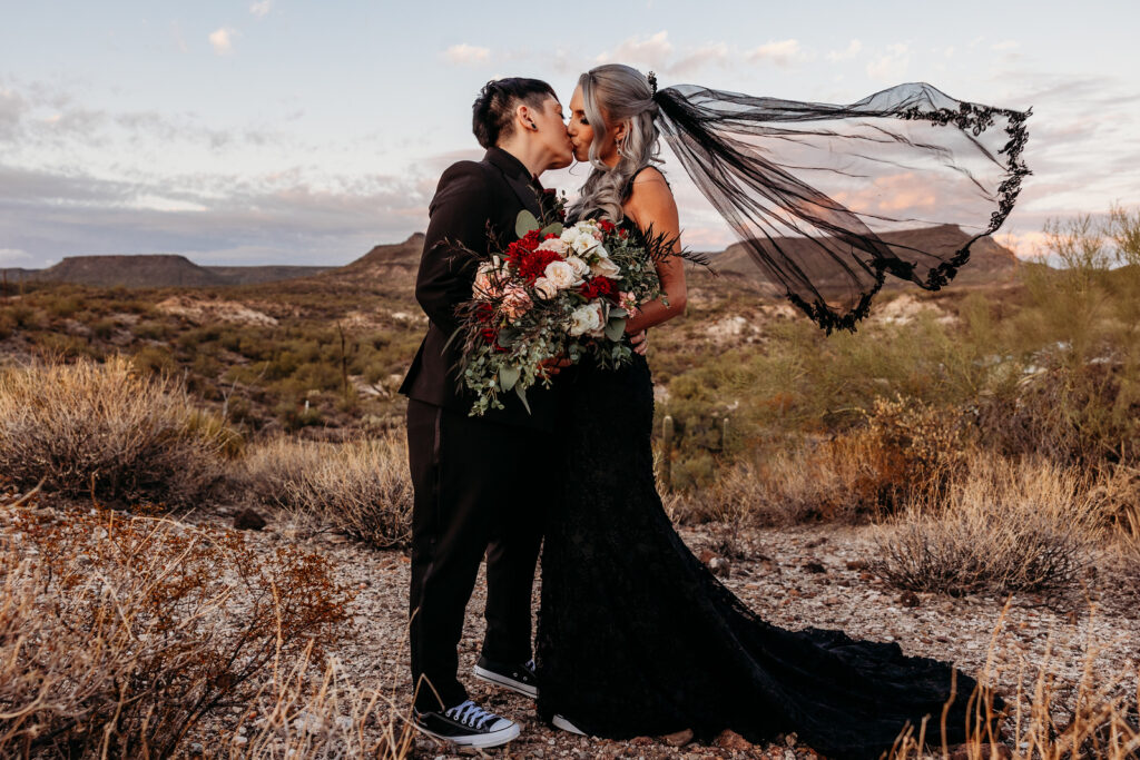 lgbtqia gothic wedding in phoenix arizona at the venue at chileens in black wedding dress with black veil with mountains in background