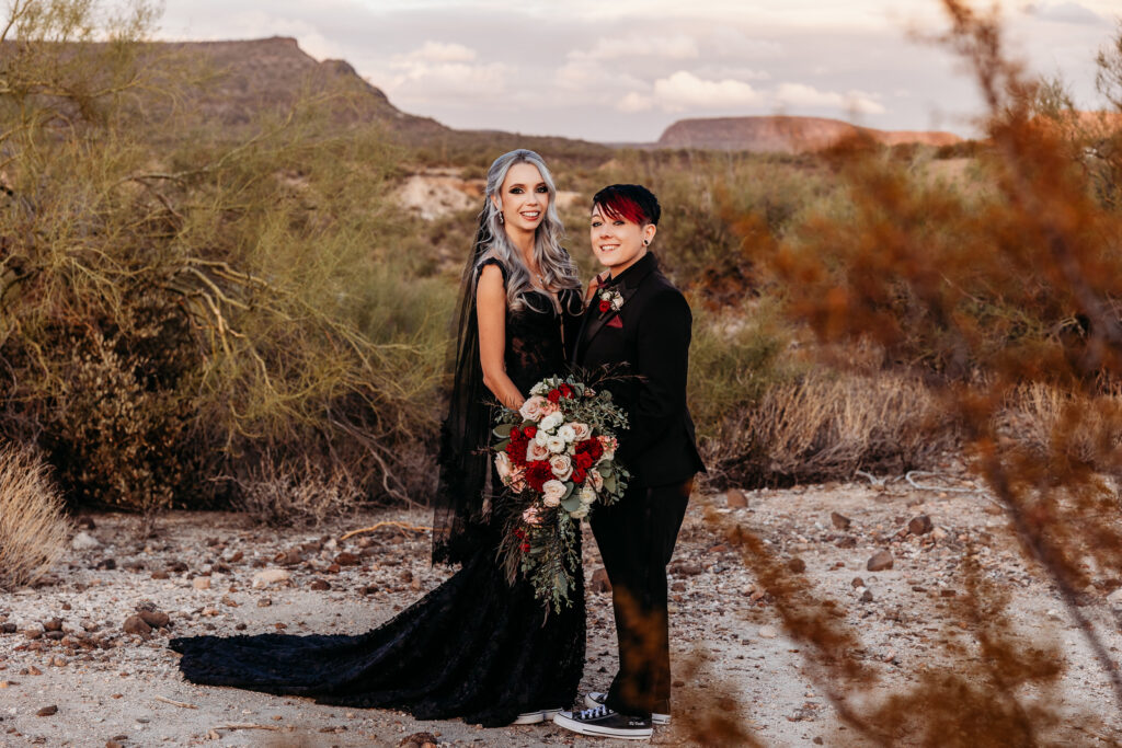 lgbtqia gothic wedding in phoenix arizona at the venue at chileens in black wedding dress