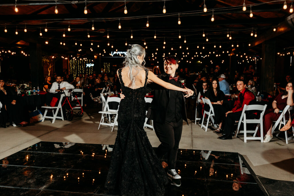 lgbtqia gothic wedding in phoenix arizona at the venue at chileens in black wedding dress