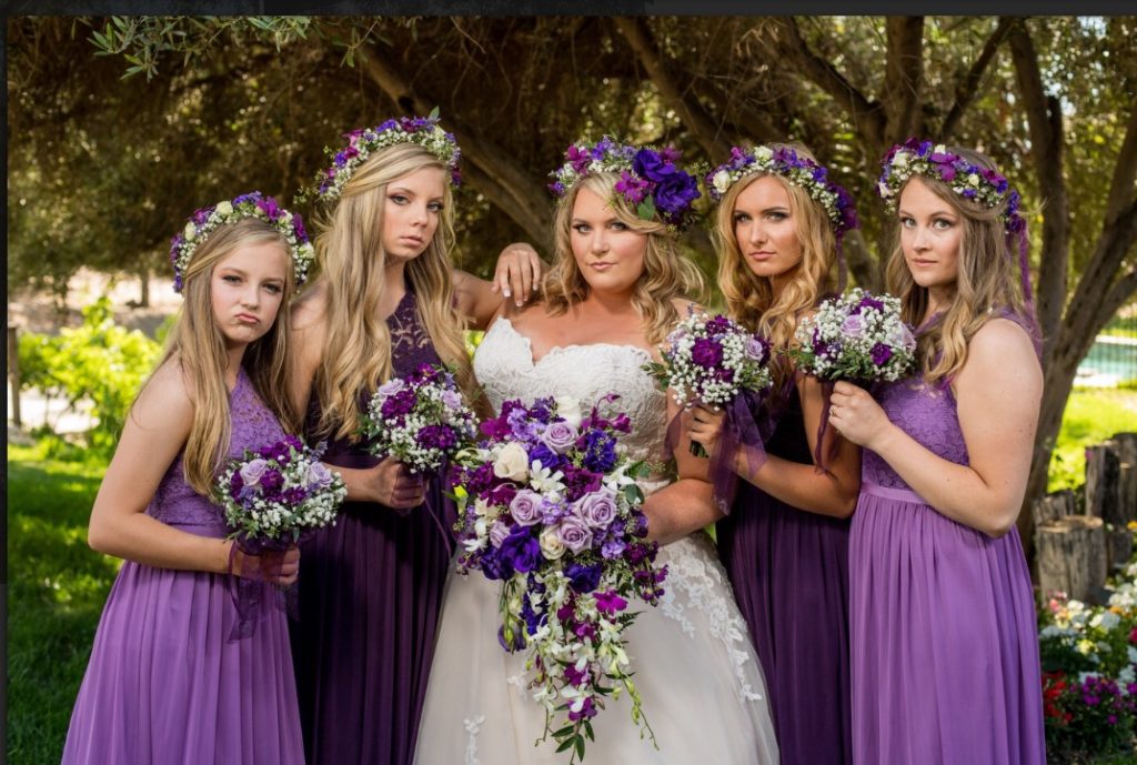 Ashley’s Ballgown Wedding Dress and Floral Crown with Purple Accents