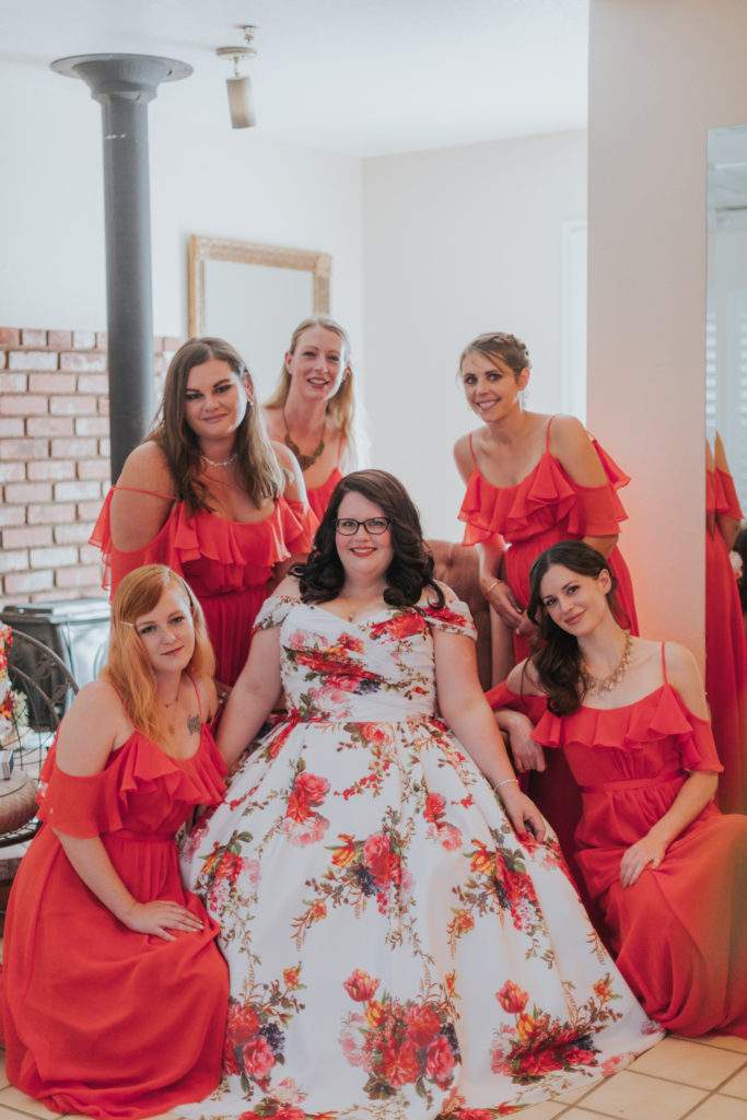 red floral bridesmaid dresses