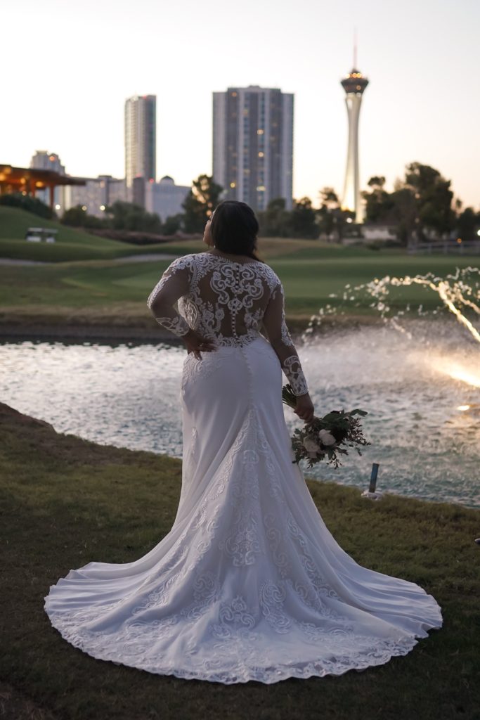 plus size stunning long sleeve lace and crepe wedding dress