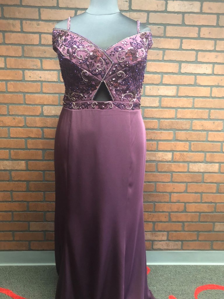 purple plus size prom dress with off the shoulder straps sleeves and beaded peekaboo bodice