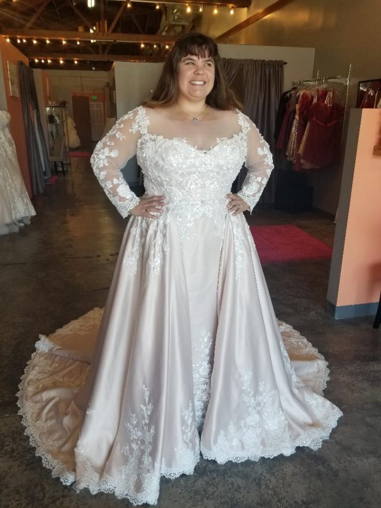 plus size wedding dress with removable overskirt in satin and lace