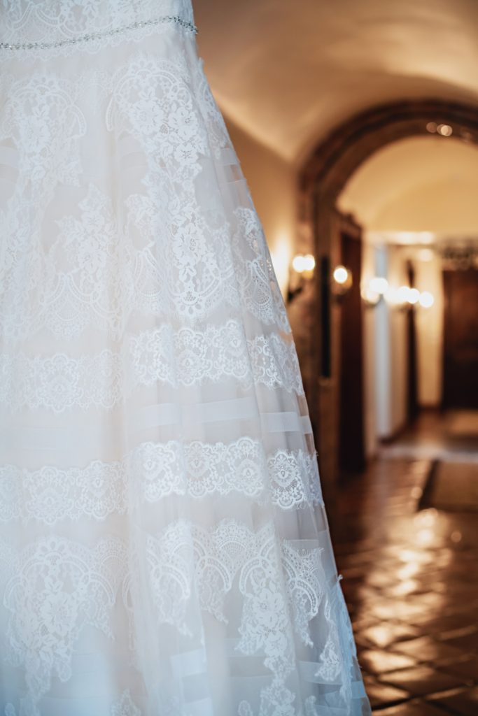 detail shot of show-stopping plus size a-line wedding dress