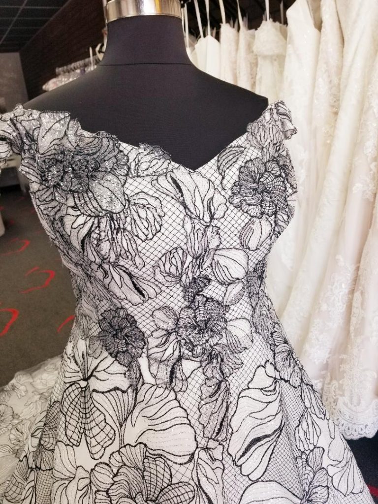 black and white floral pattern off the shoulder plus size ballgown wedding dress