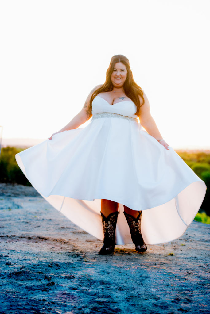 High low wedding dress with cheap cowboy boots