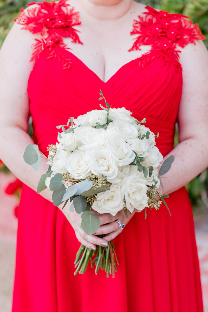 plus size custom red wedding dress with white rose wedding bouquet