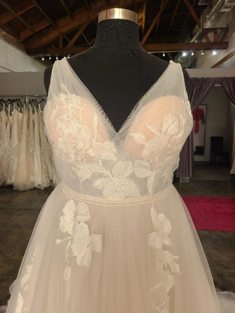 vneck plus size wedding dress with floral lace appliques