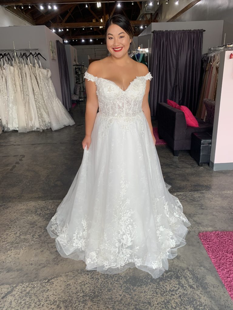 off the shoulder romantic plus size wedding dress