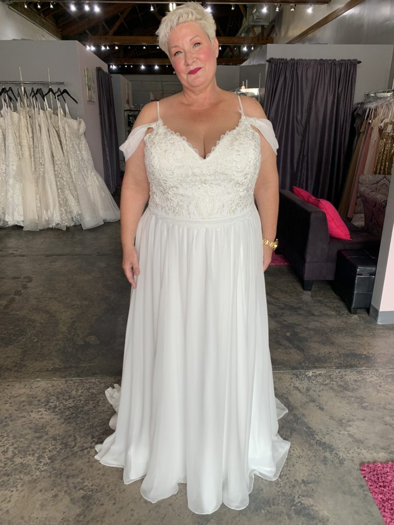 off the shoulder plus size chiffon wedding dress