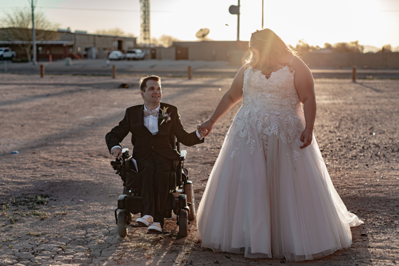 bride and groom in wheelchair