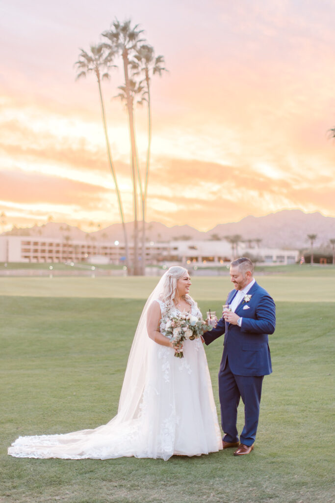 bride and groom at sunset on golf course scottsdale arizona