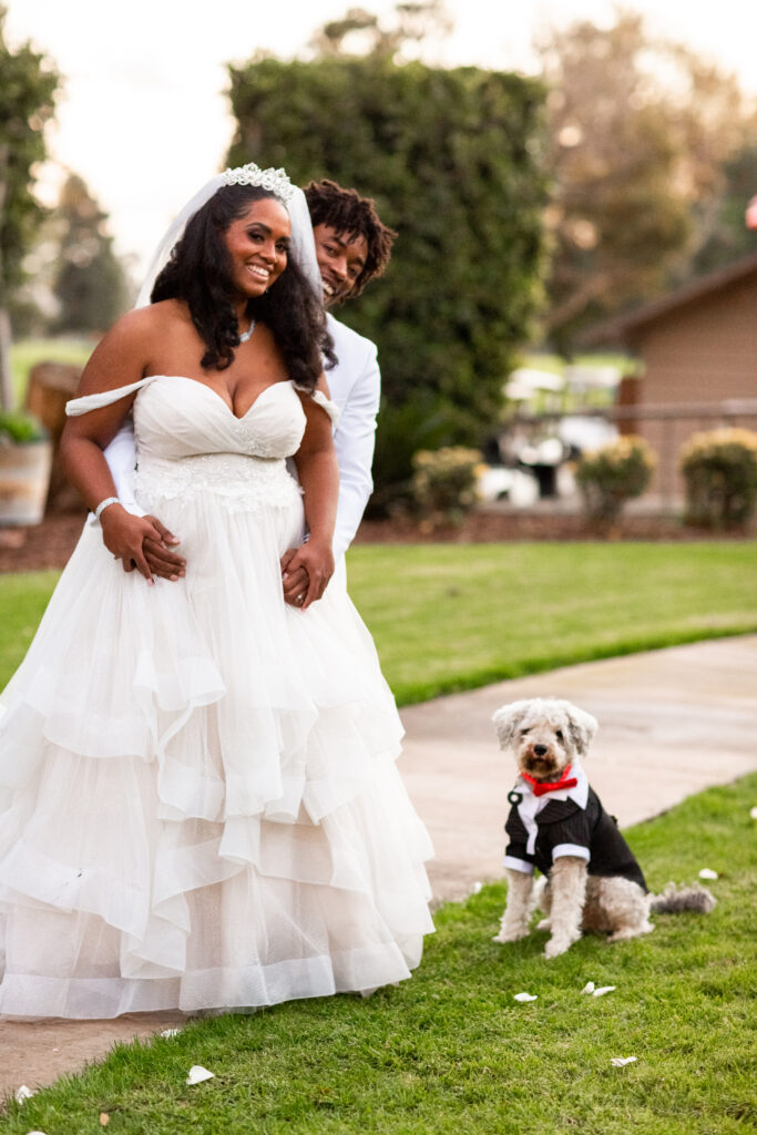bride and groom with dog at wedding