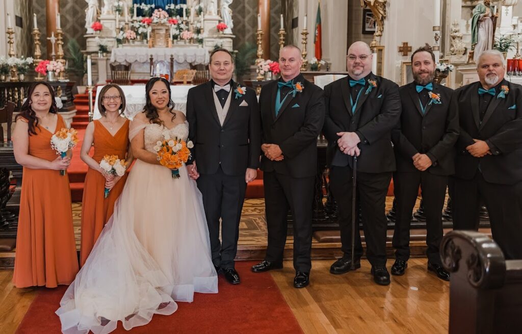 bride and groom in traditional catholic church in san jose california