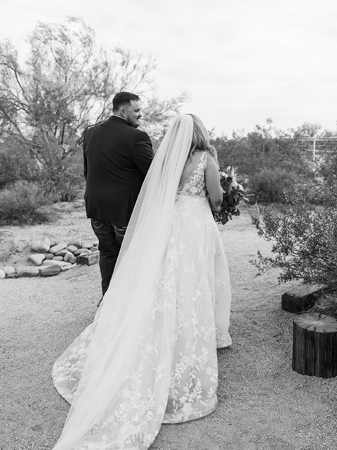 bride in lace ballgown wedding dress with long tulle cathedral veil in arizona desert