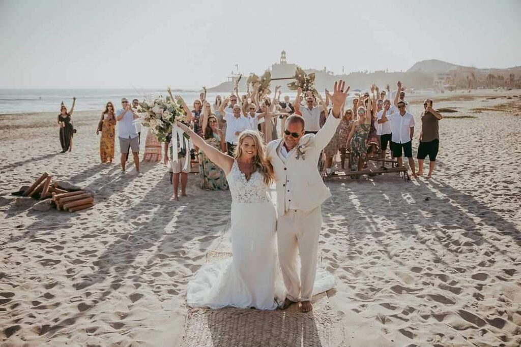 bride wearing sexy beach wedding dress in crepe