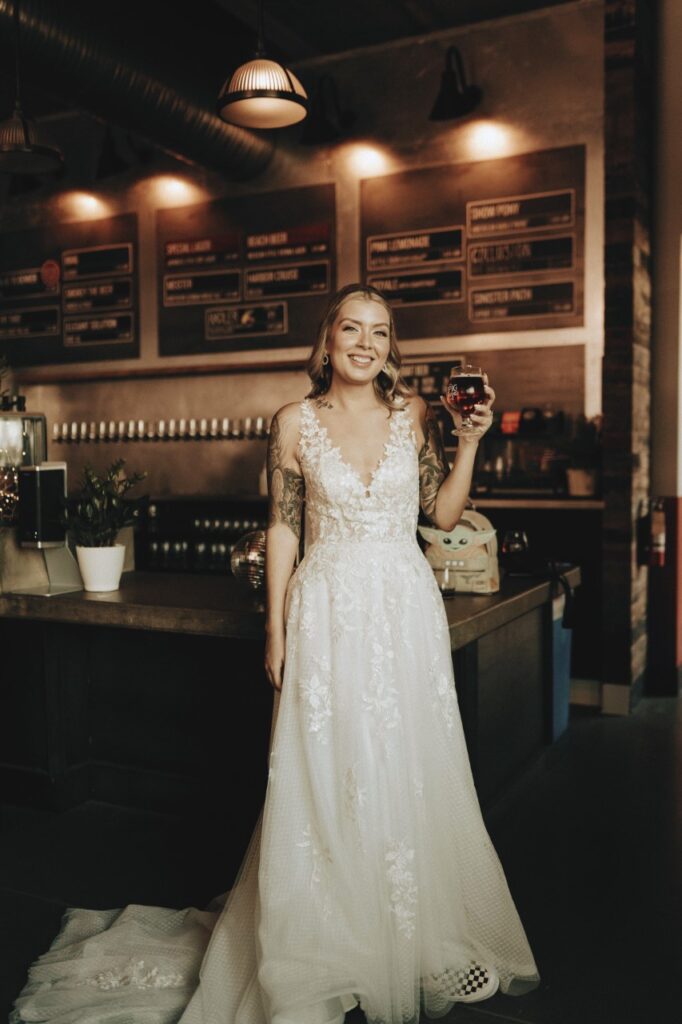 bride wearing lace bodice tulle skirt aline wedding dress los angeles california