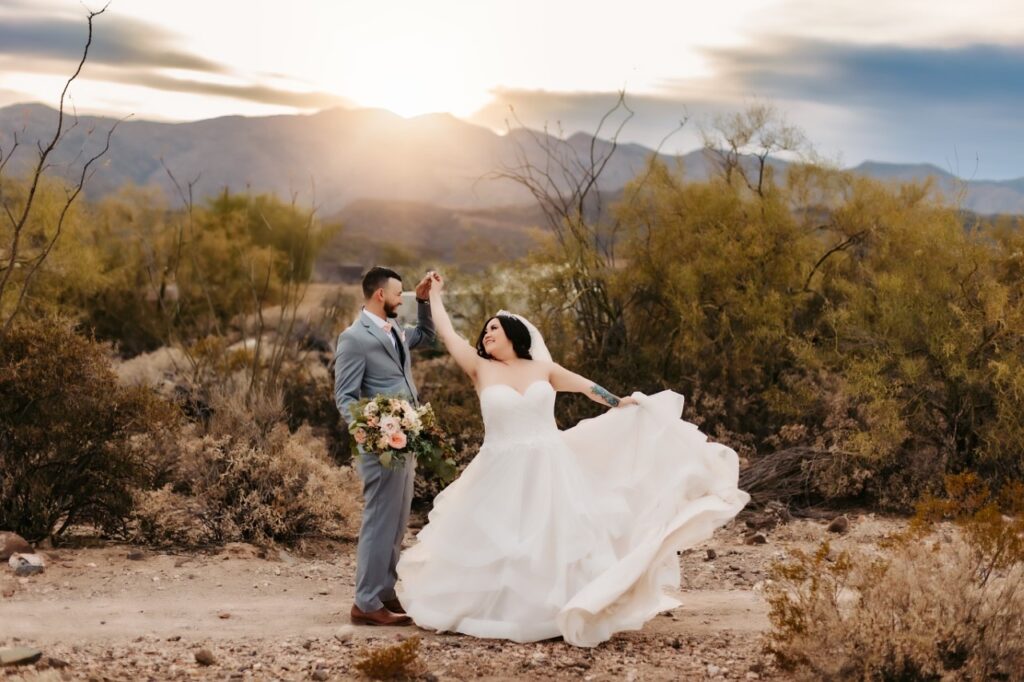 Bride wearing plus size glitter ruffle ballgown wedding dress phoenix arizona