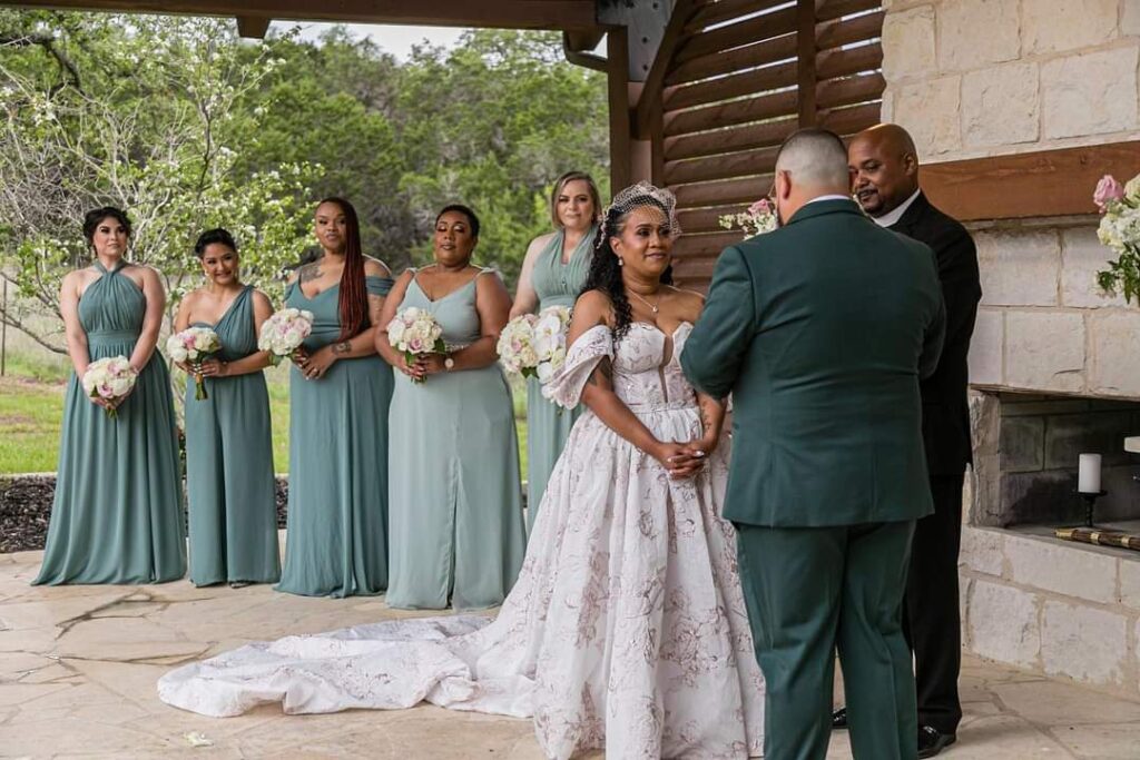 mid size wearing unique pink floral print wedding dress los angeles california bridal shop