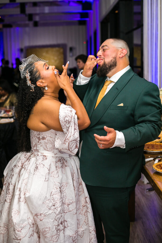 mid size wearing unique pink floral print wedding dress los angeles california bridal shop