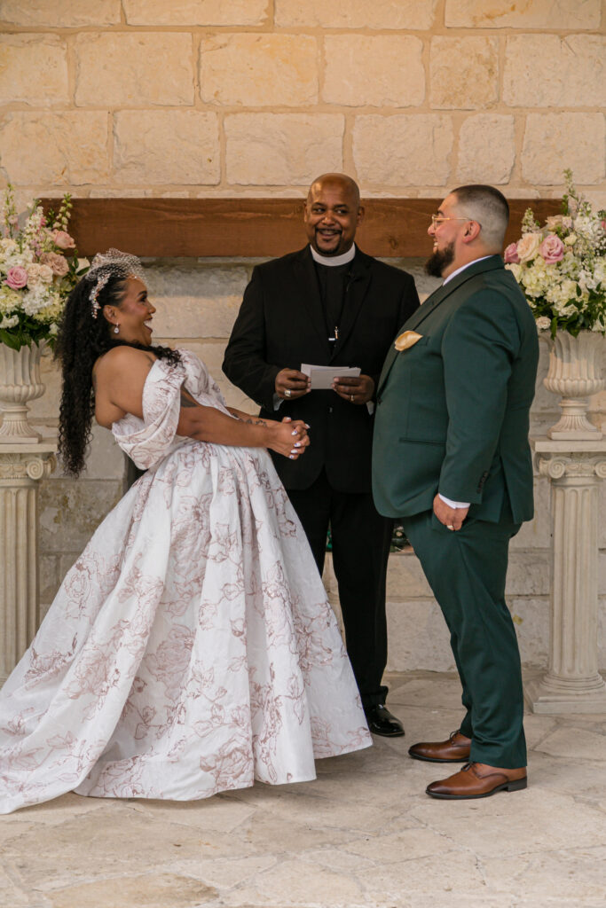 mid size wearing unique pink floral print wedding dress los angeles california bridal shop