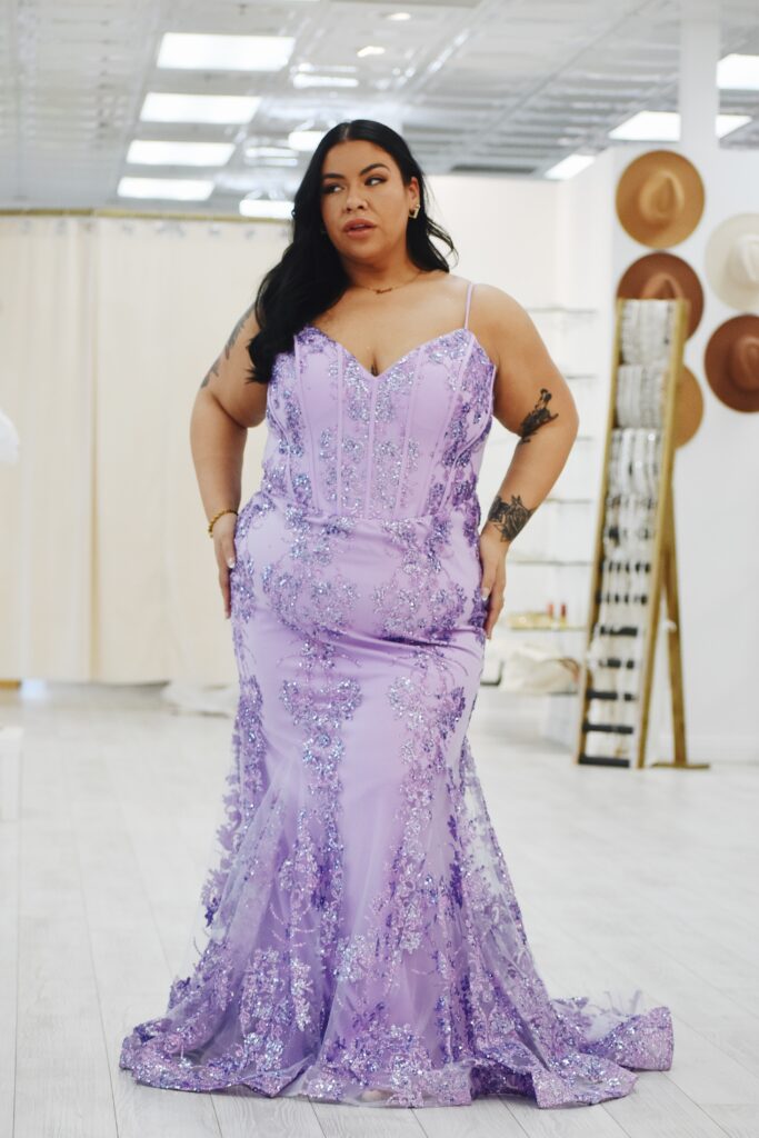 sparkly glitter purple fitted mermaid plus size prom dress