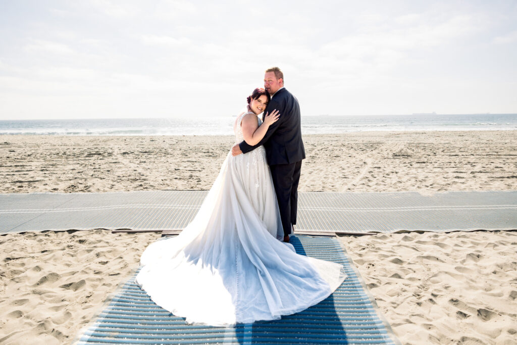 bride and groom on huntington beach california