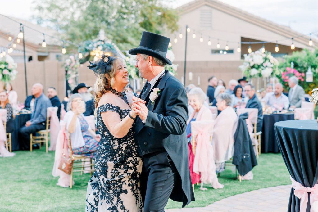 unique black wedding dress for non traditional bride phoenix arizona groom wearing top hat