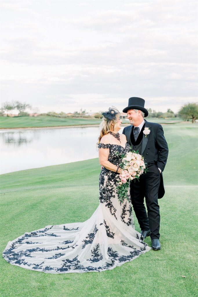 unique black wedding dress for non traditional bride phoenix arizona groom wearing top hat