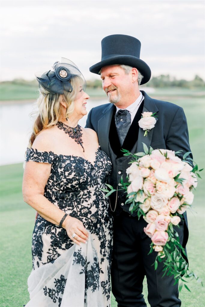 unique black wedding dress for non traditional bride phoenix arizona groom wearing top hat