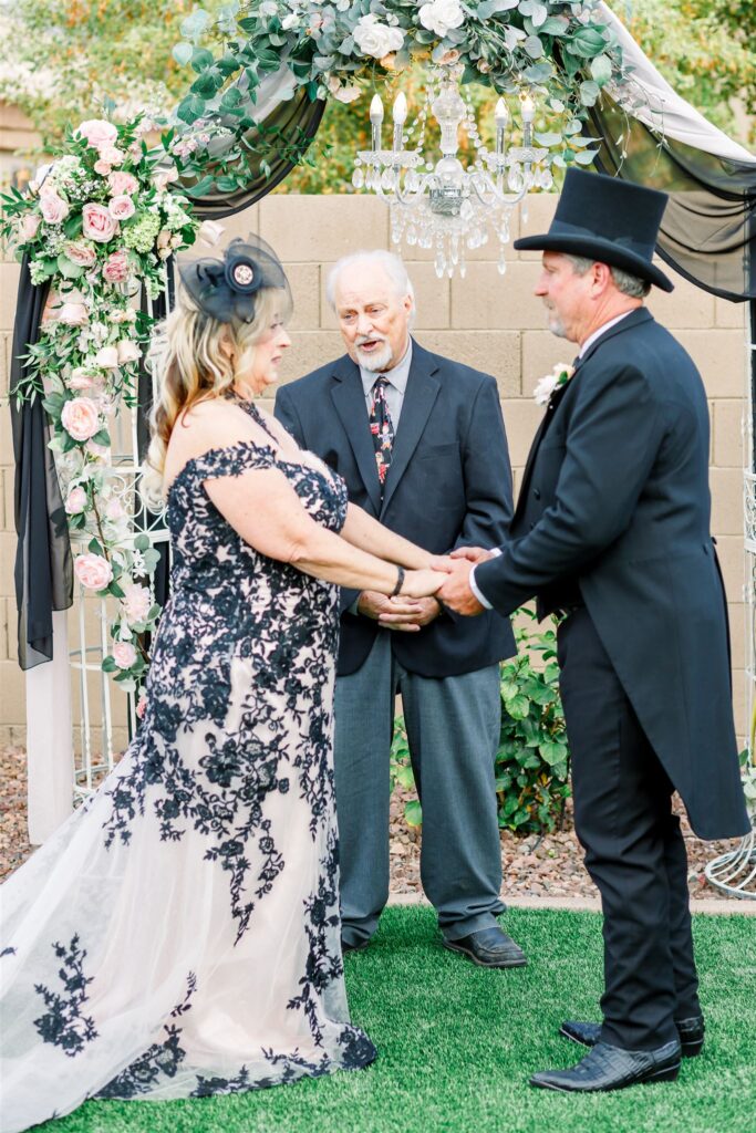 unique black wedding dress for non traditional bride phoenix arizona groom wearing top hat