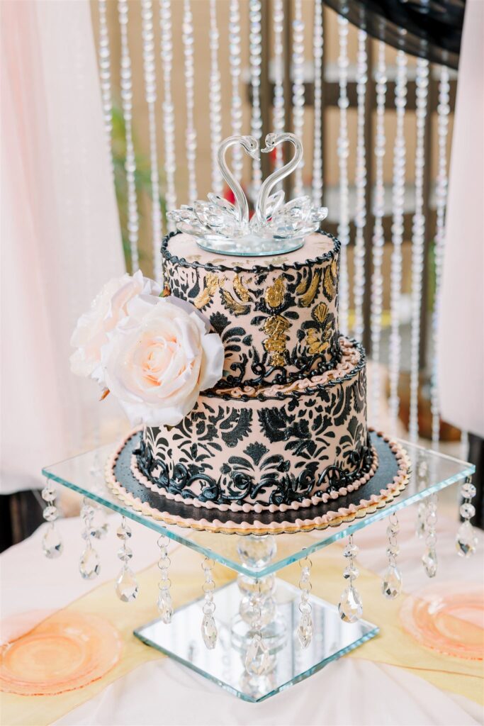 black and gold ornate wedding cake