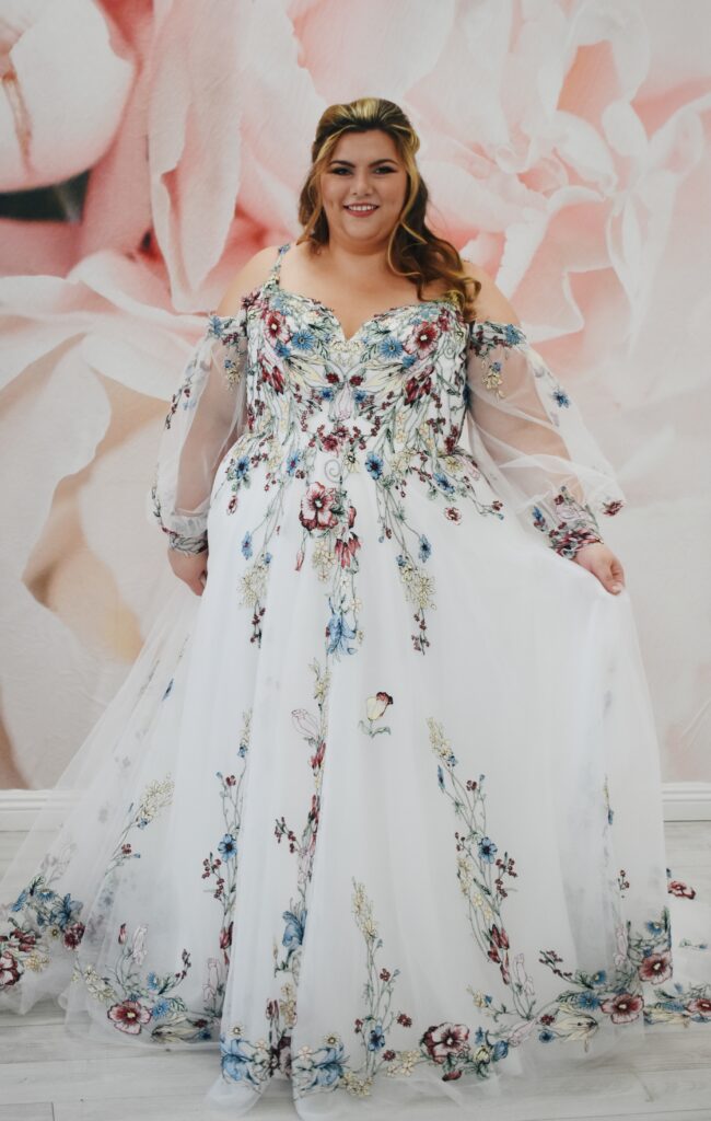 unique plus size wedding dress with embroidered fabric flowers in colors