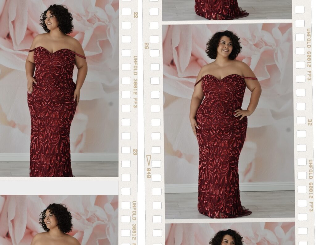 plus size girl wearing red sequin strapless plus size prom dress in chandler arizona bridal shop