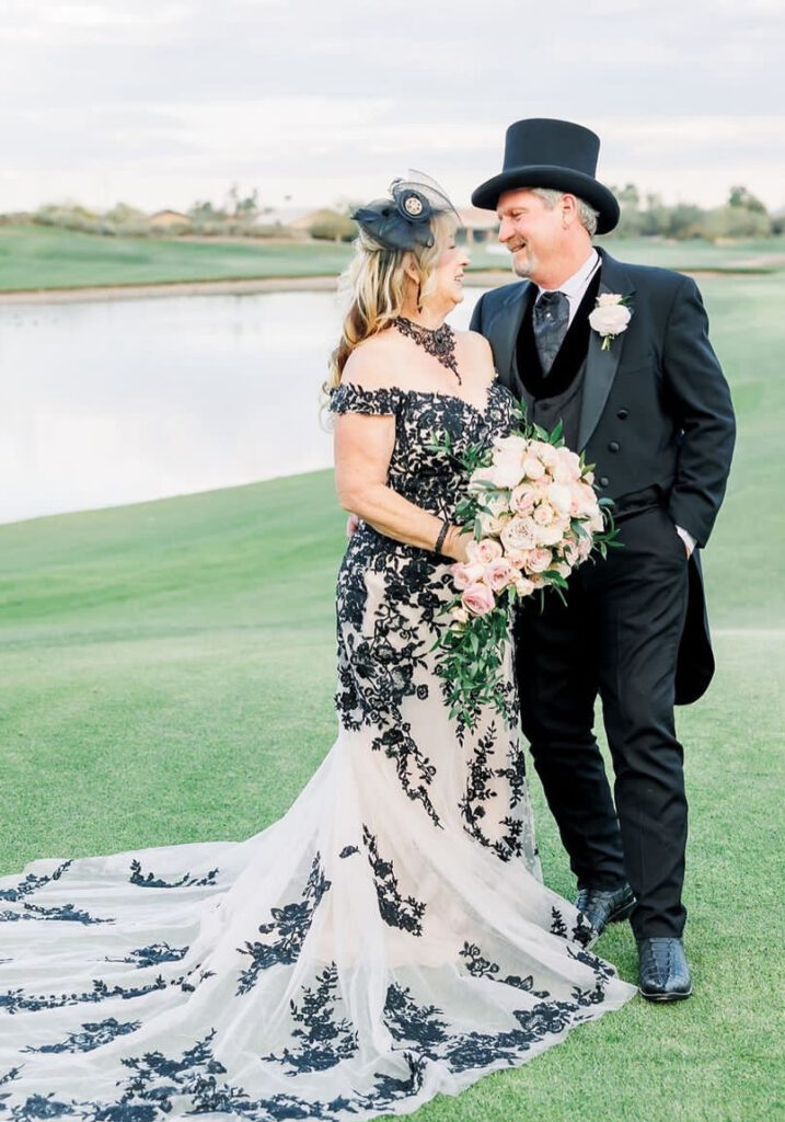 non traditional bride wearing lace mermaid wedding dress