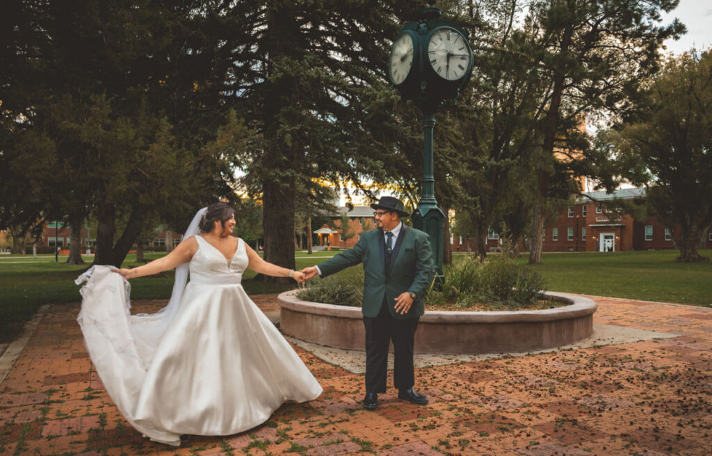 Bride wearing plus size mikado aline wedding dress in Flagstaff arizona