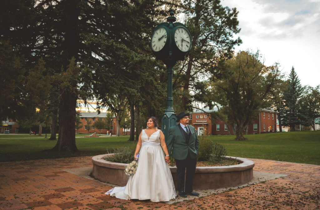 Bride wearing plus size mikado aline wedding dress in Flagstaff arizona