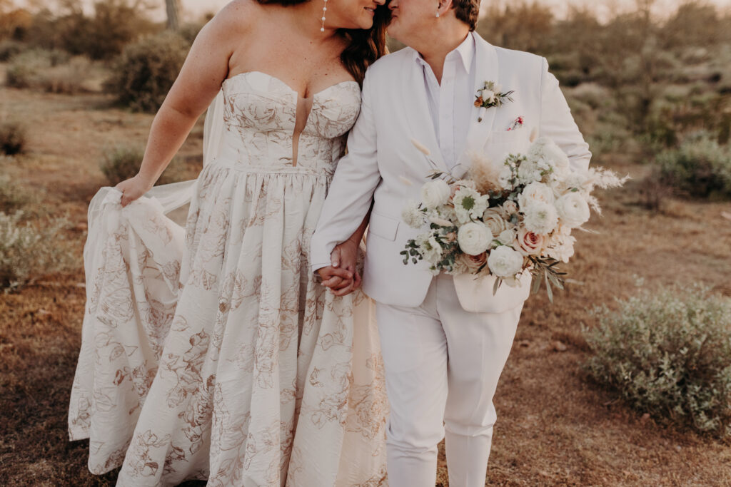 bride wearing jacquard pink wedding dress in gilbert arizona
